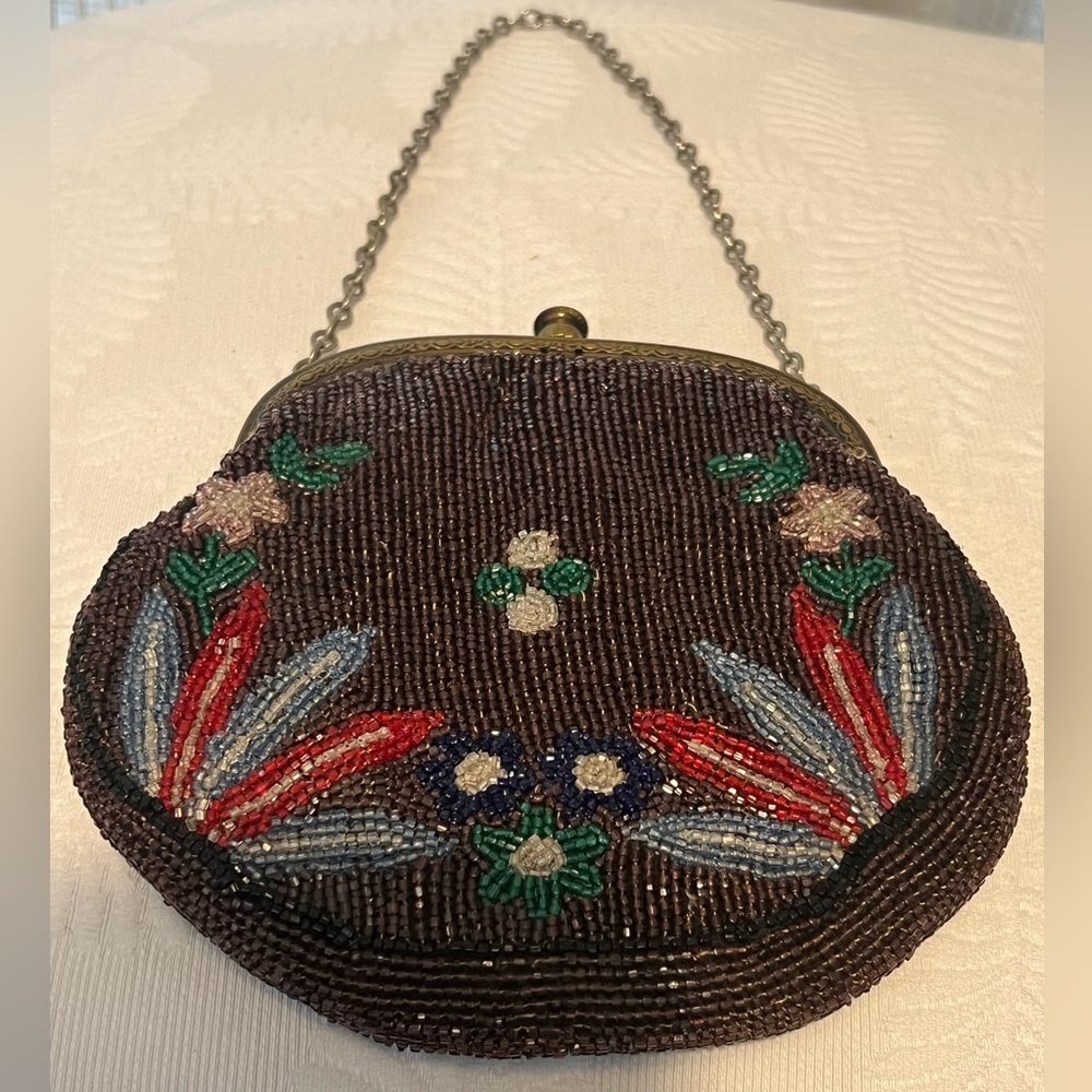 Antique Vintage Beaded Floral Flower Purse Bag Gem
